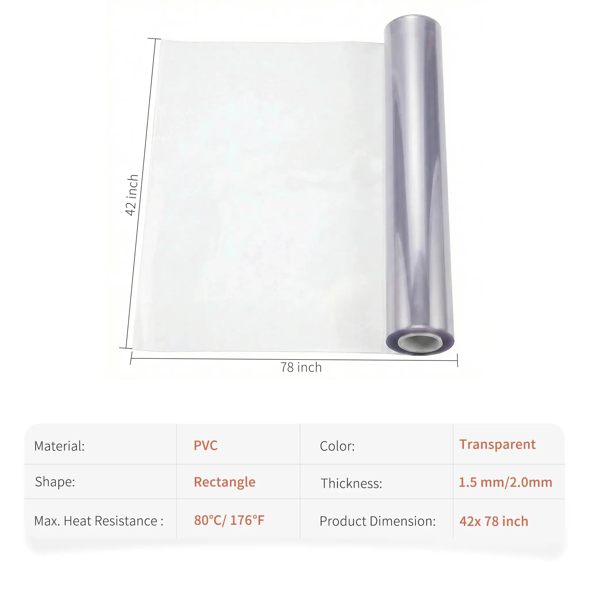 42x78 inch PVC mat size guide and specifications: 1.5mm and 2mm thickness for tables and floor.