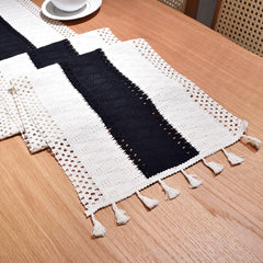 Black and White Woven Table Runner with Tassels