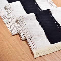 Black and White Woven Table Runner with Tassels