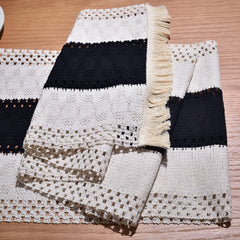 Black and White Woven Table Runner with Tassels