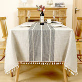 Classic Grey Farmhouse Linen Look Tablecloth with Tassels, Wrinkle-Free Poly-Blend Striped Rectangular Table Cover