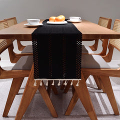 AimHave Black Boho Farmhouse Woven Table Runner – Macrame Crochet Table Runner with Fringe for Dining Room Decor