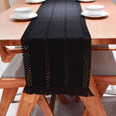 AimHave Black Boho Farmhouse Woven Table Runner – Macrame Crochet Table Runner with Fringe for Dining Room Decor