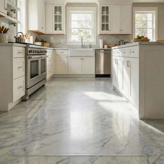 Frosted PVC kitchen mat, oil-proof and waterproof floor protector for cooking areas and under sinks.