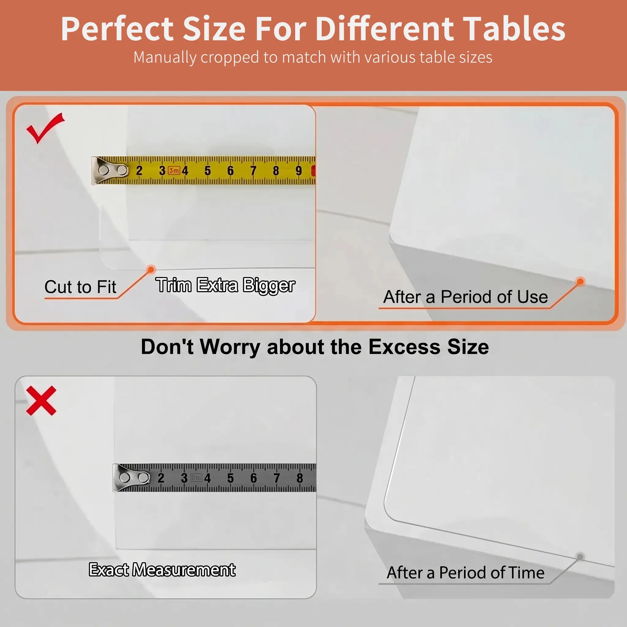 Instructions for measuring rectangular and round tables to ensure a perfect fit for PVC table protectors.