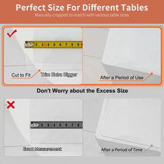 Instructions for measuring rectangular and round tables to ensure a perfect fit for PVC table protectors.