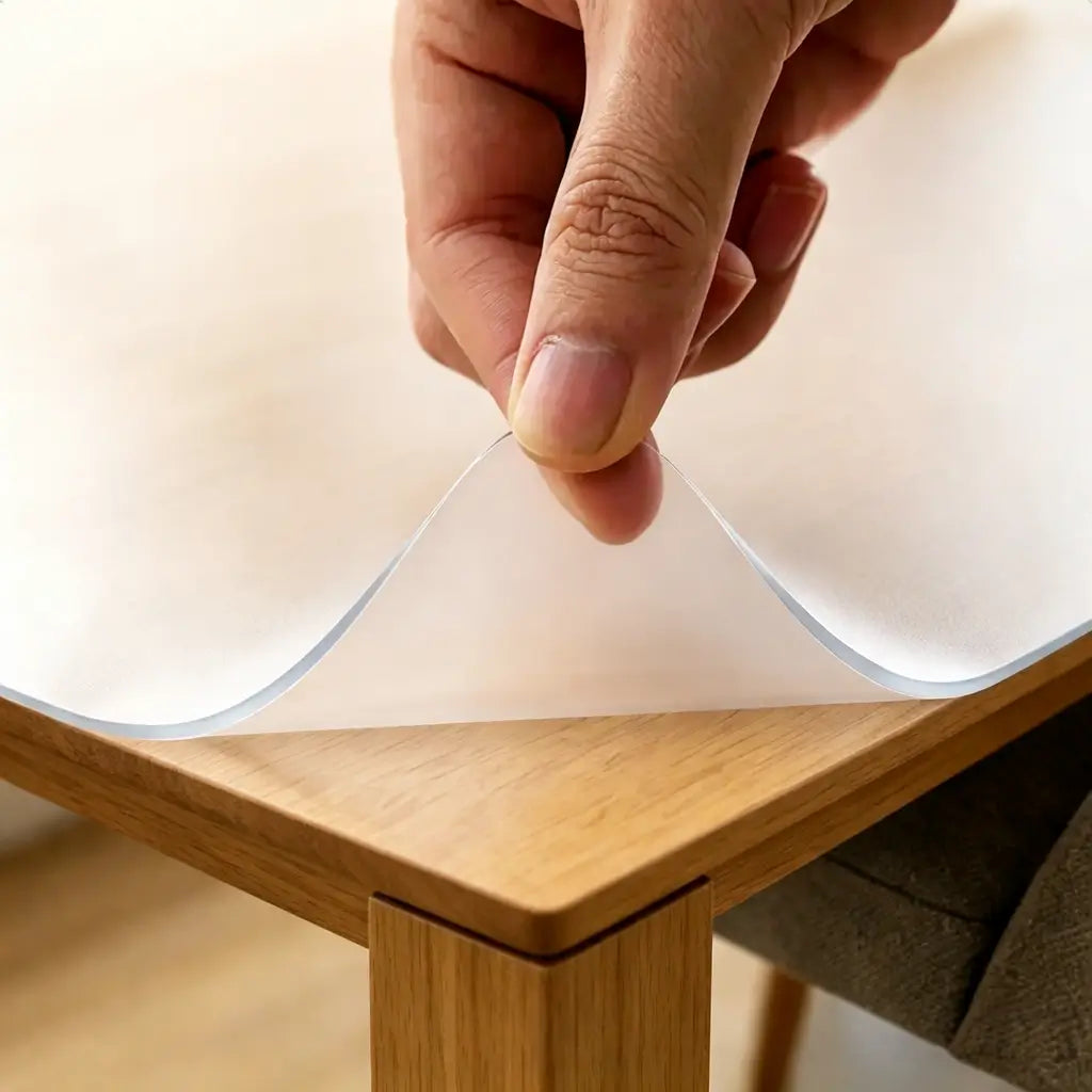 Hand pinching a frosted PVC mat to show 1.5mm thickness and premium flexible material for dining table protection.