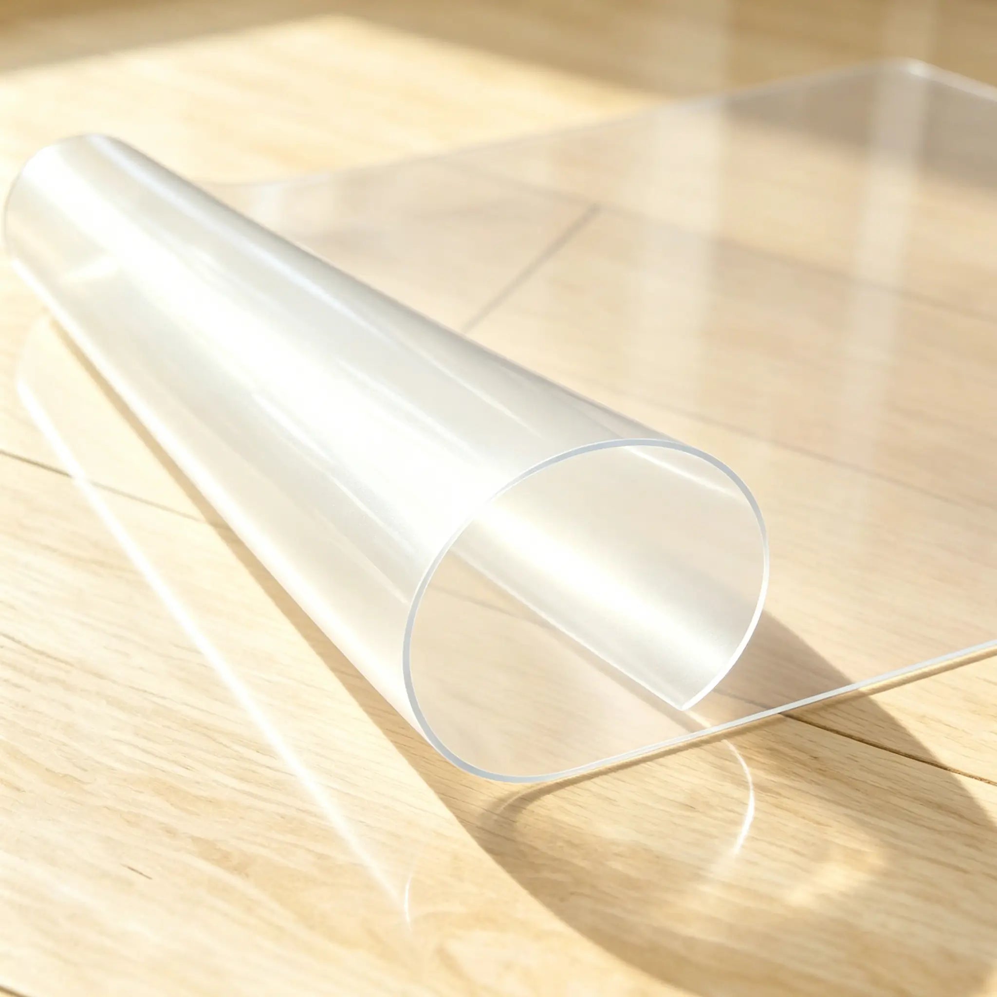 Matte PVC pet floor mat with curved edge to show its soft texture and stay-flat design on wood floors.