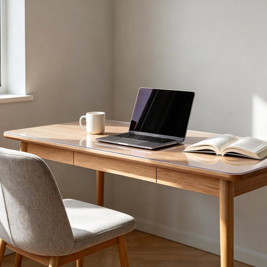 Clear PVC office desk mat, waterproof and scratch-resistant protector for wood and glass desktops.