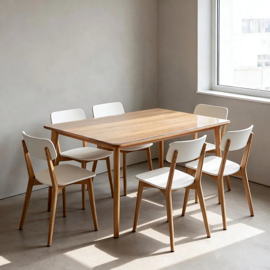 Clear PVC table protector on a 6-person dining table, waterproof and heat resistant surface guard.