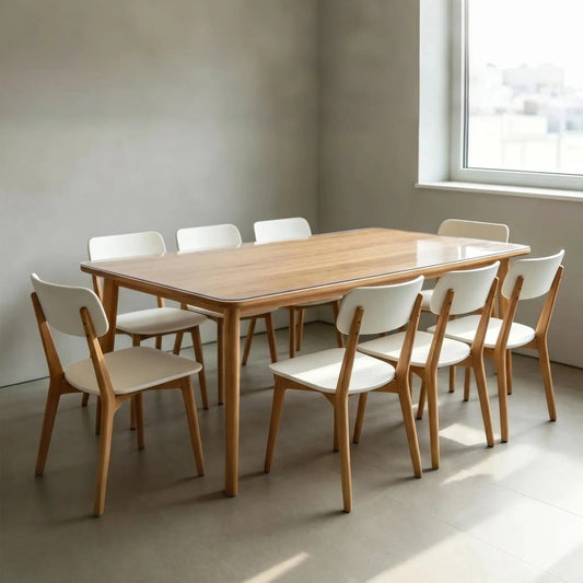 Clear PVC table protector on a large 8-person dining table for surface protection.