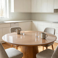 Round clear PVC dining table mat, heat-resistant and waterproof transparent protector for circular dinner tables.