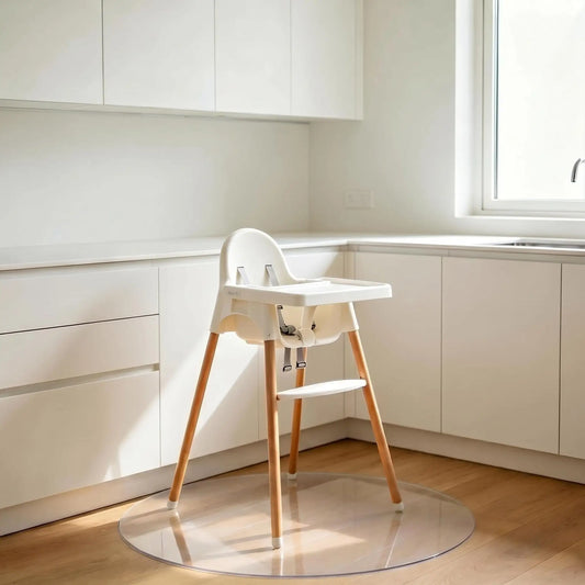Round clear PVC mat for bar stools, heavy-duty floor guard for kitchen island and home bar seating area.