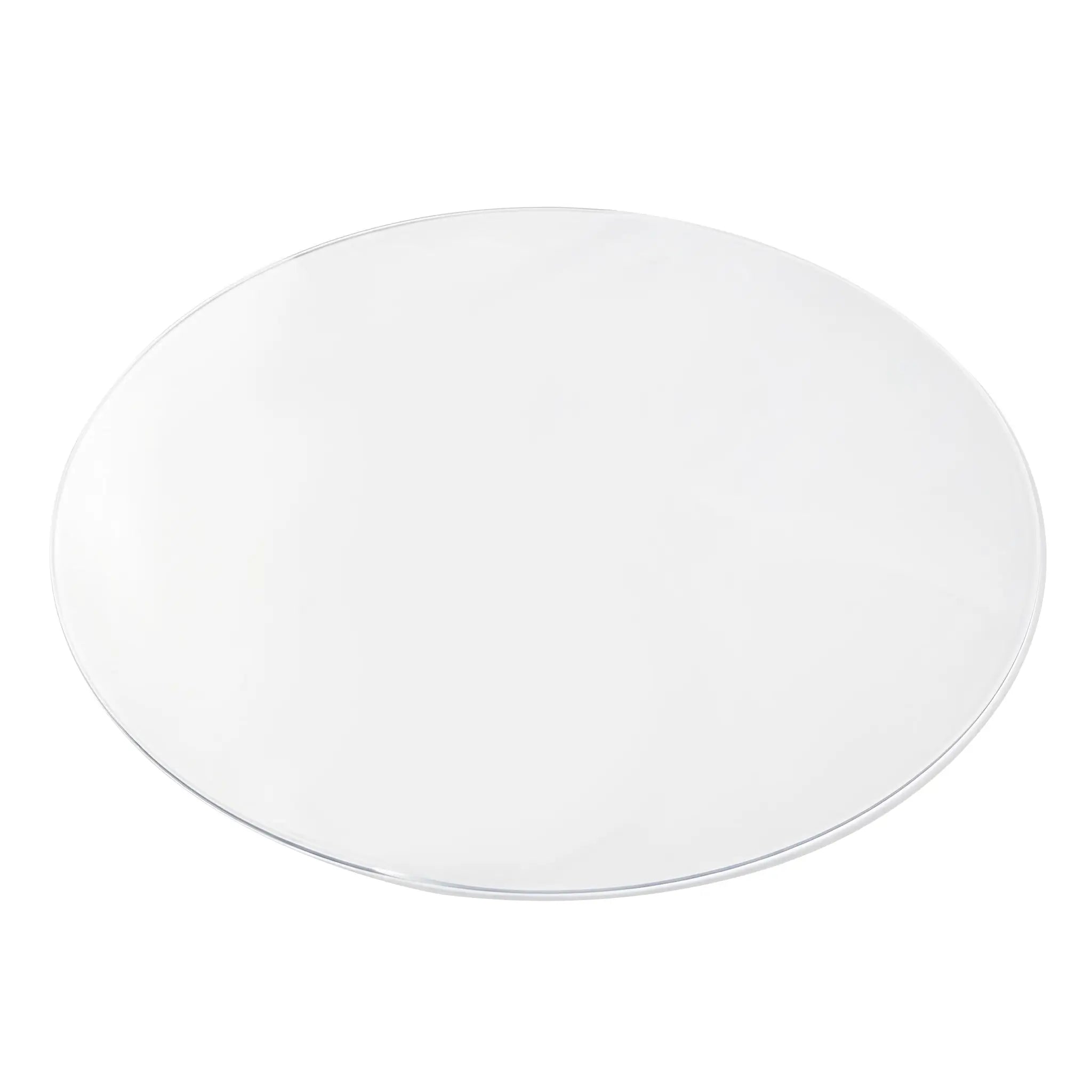 Product shot of a round clear PVC mat on a white background, highlighting crystal clear transparency.