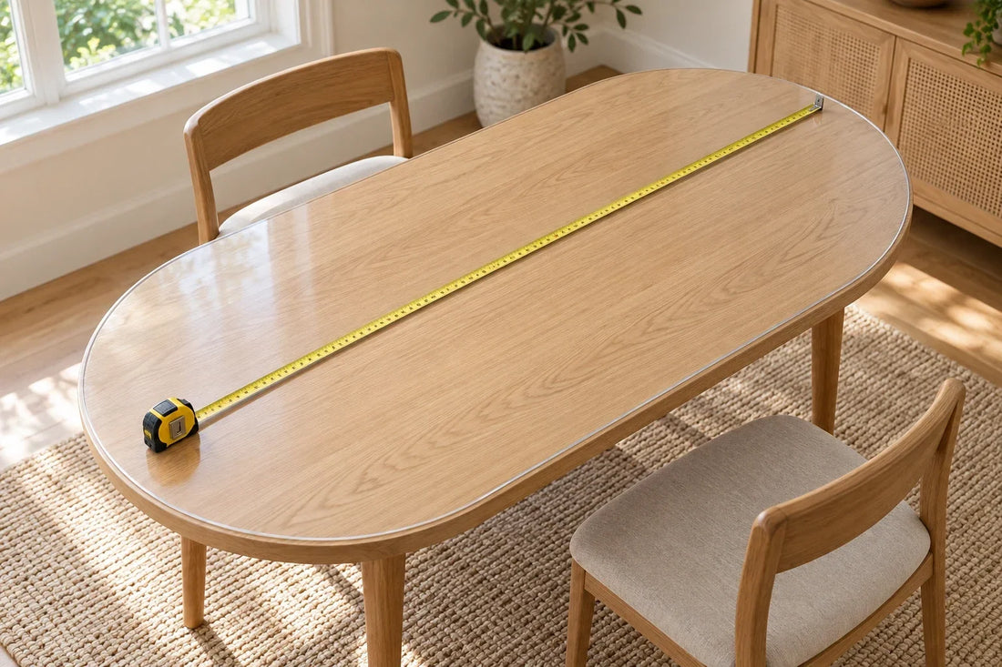 Tape measure resting along a racetrack-shaped wood tabletop with a clear protector.