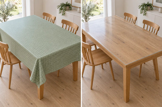 Side-by-side dining tables with a draping green tablecloth on the left and a flat clear protector on the right.
