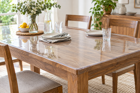 Clear PVC table protector on a wood dining table