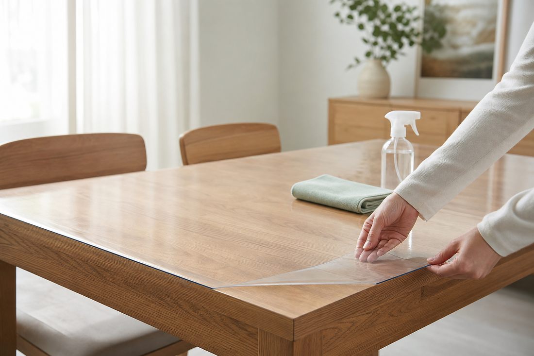 Hands aligning a clear PVC table protector on a wooden dining table.