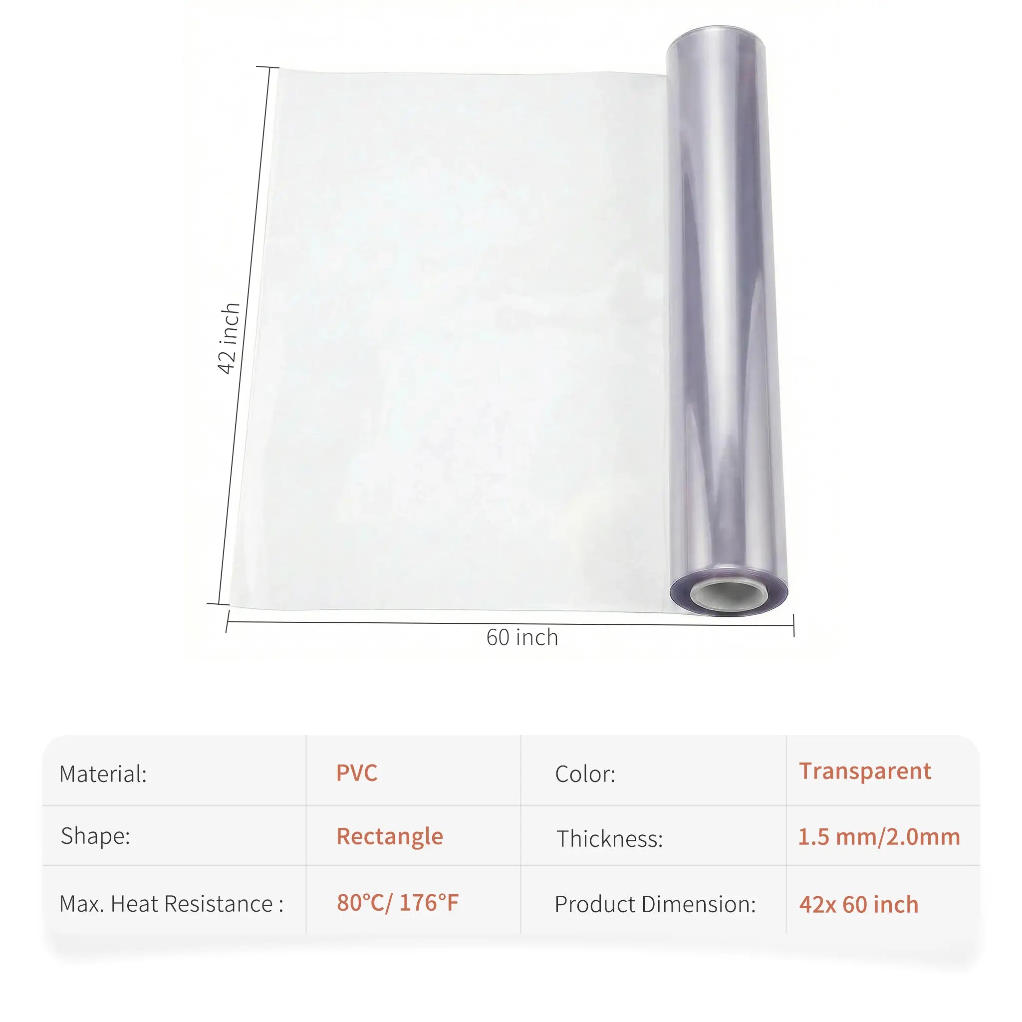 42x60 inch PVC mat size guide and specifications: 1.5mm and 2mm thickness for tables and floor.