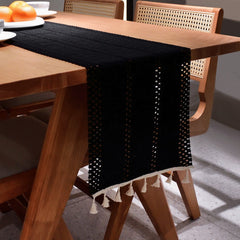AimHave Black Boho Farmhouse Woven Table Runner – Macrame Crochet Table Runner with Fringe for Dining Room Decor