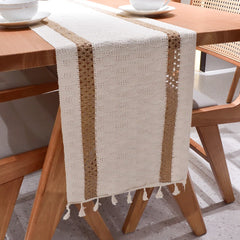 AimHave Cream & Khaki Boho Woven Table Runner – Macrame Crochet Table Runner with Tassels for Farmhouse Dining Decor