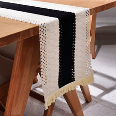 Black and White Woven Table Runner with Tassels
