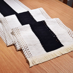 Black and White Woven Table Runner with Tassels