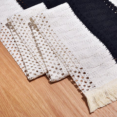 Black and White Woven Table Runner with Tassels