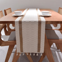AimHave Cream & Khaki Boho Woven Table Runner – Macrame Crochet Table Runner with Tassels for Farmhouse Dining Decor