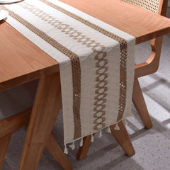 AimHave Khaki Boho Farmhouse Woven Table Runner – Macrame Crochet Table Runner with Tassels for Dining Room Kitchen Decor