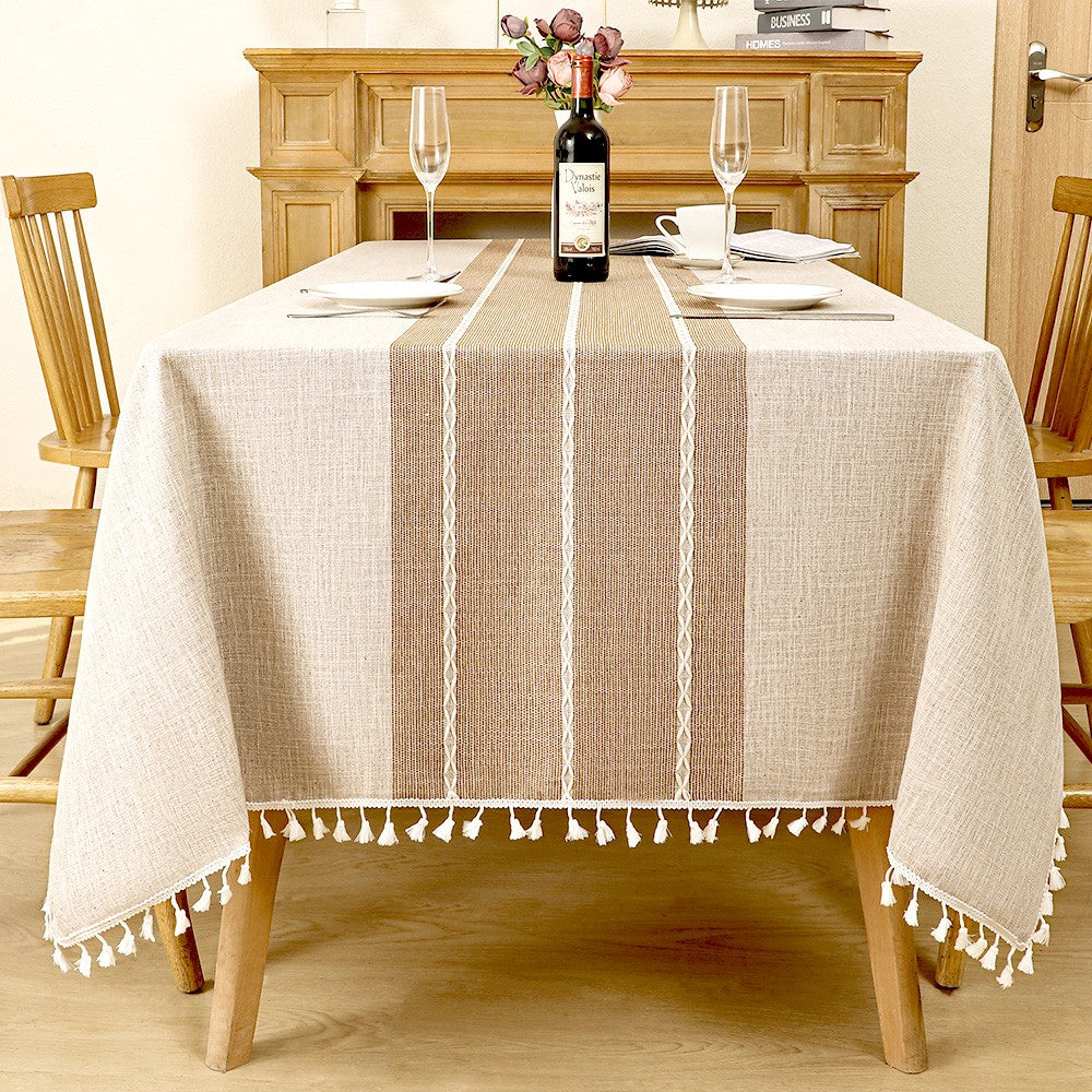 Rustic Farmhouse Linen Look Tablecloth with Tassels, Wrinkle-Free Poly-Blend Striped Table Cover Coffee