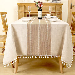 Rustic Farmhouse Linen Look Tablecloth with Tassels, Wrinkle-Free Poly-Blend Striped Table Cover Coffee