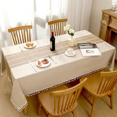 Rustic Farmhouse Linen Look Tablecloth with Tassels, Wrinkle-Free Poly-Blend Striped Table Cover Coffee