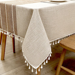Rustic Farmhouse Linen Look Tablecloth with Tassels, Wrinkle-Free Poly-Blend Striped Table Cover Coffee