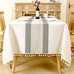 Aimhave Modern Geometric Block Linen Look Tablecloth with Tassels, Blue Patchwork Boho Dining Table Cover