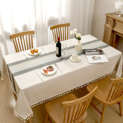 Aimhave Modern Geometric Block Linen Look Tablecloth with Tassels, Blue Patchwork Boho Dining Table Cover