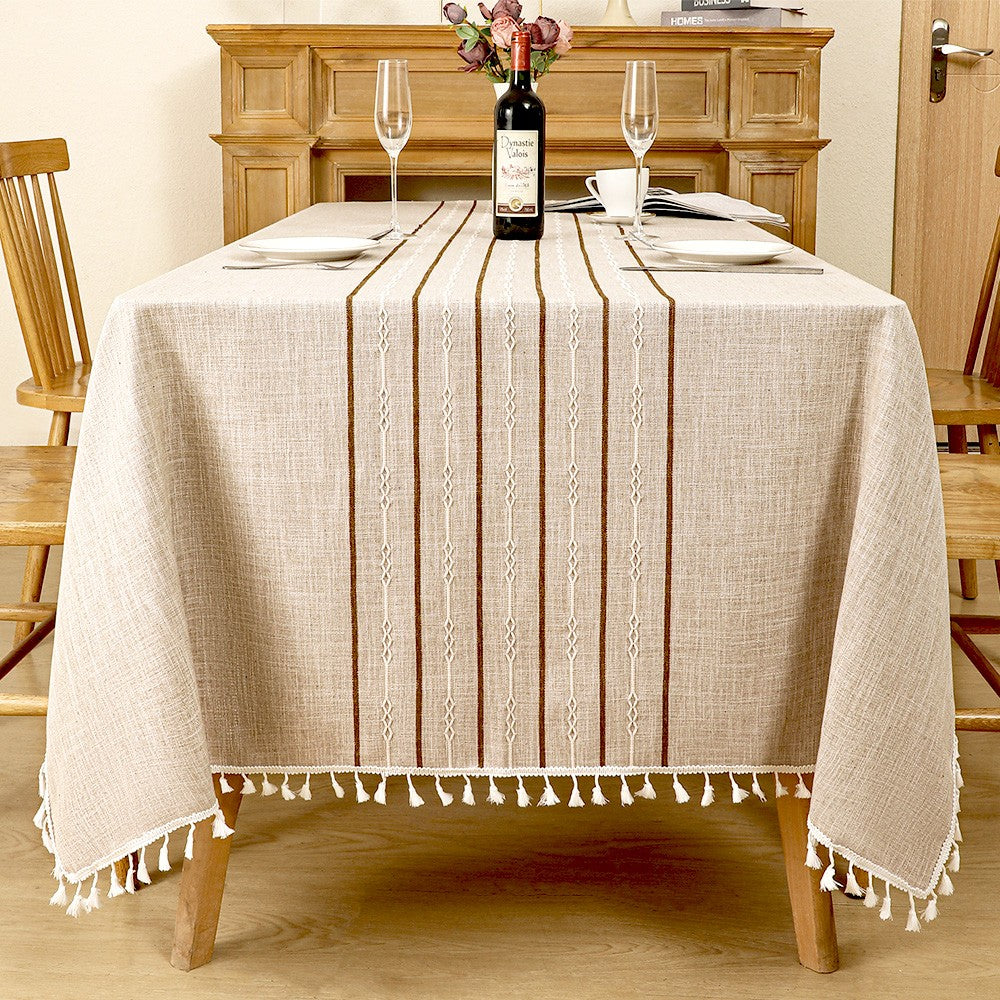 AIMHave Modern Bohemian Geometric Striped Linen Look Tablecloth with Tassels, Moroccan Tribal Coffee Brown Dining Table Cover