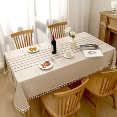 AIMHave Modern Bohemian Geometric Striped Linen Look Tablecloth with Tassels, Moroccan Tribal Coffee Brown Dining Table Cover