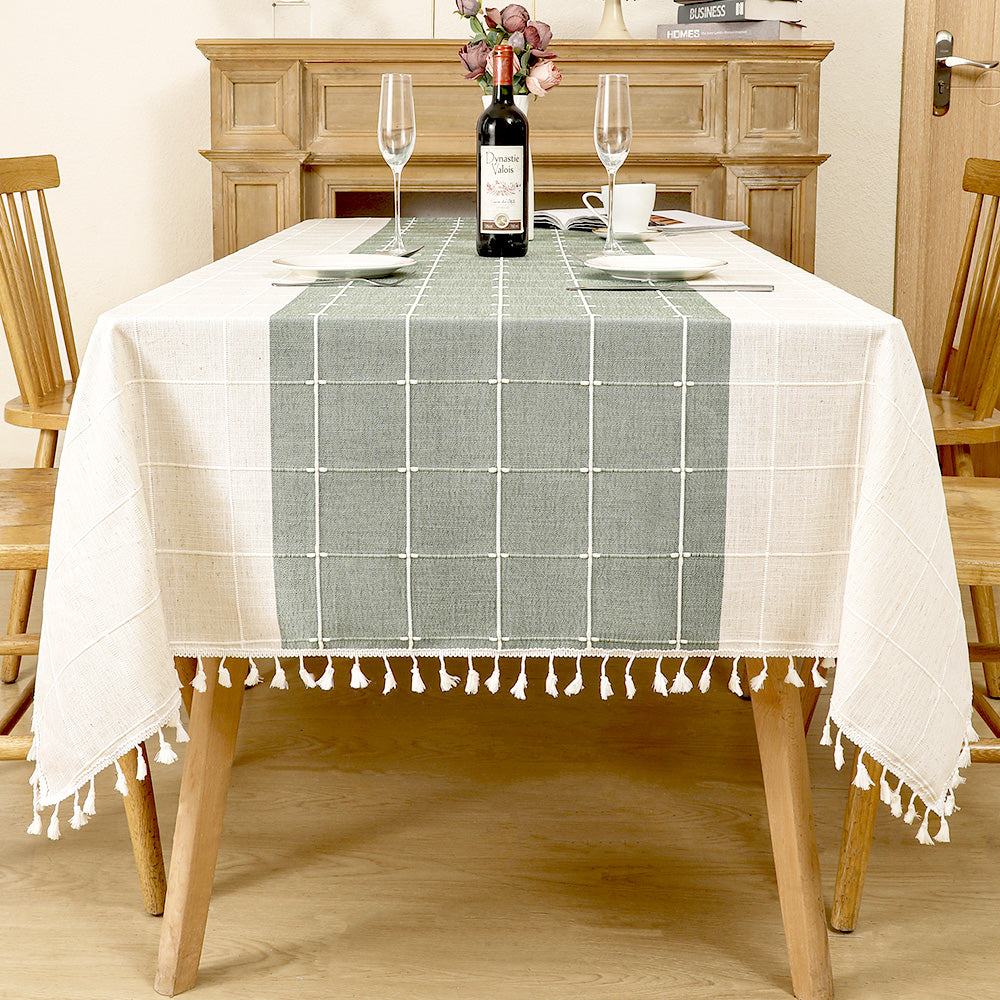 AIMHave Modern Bohemian Chevron Wave Linen Look Tablecloth with Tassels, Luxury Indigo Blue Tribal Dining Table Cover