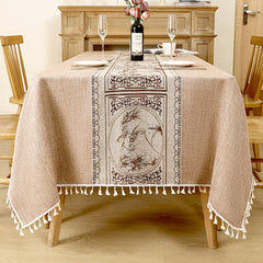 AIMHave Mid-Century Modern Geometric Block Tablecloth with Tassels, Retro Coffee Brown Patchwork Dining Table Cover