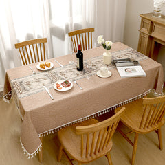 AIMHave Mid-Century Modern Geometric Block Tablecloth with Tassels, Retro Coffee Brown Patchwork Dining Table Cover