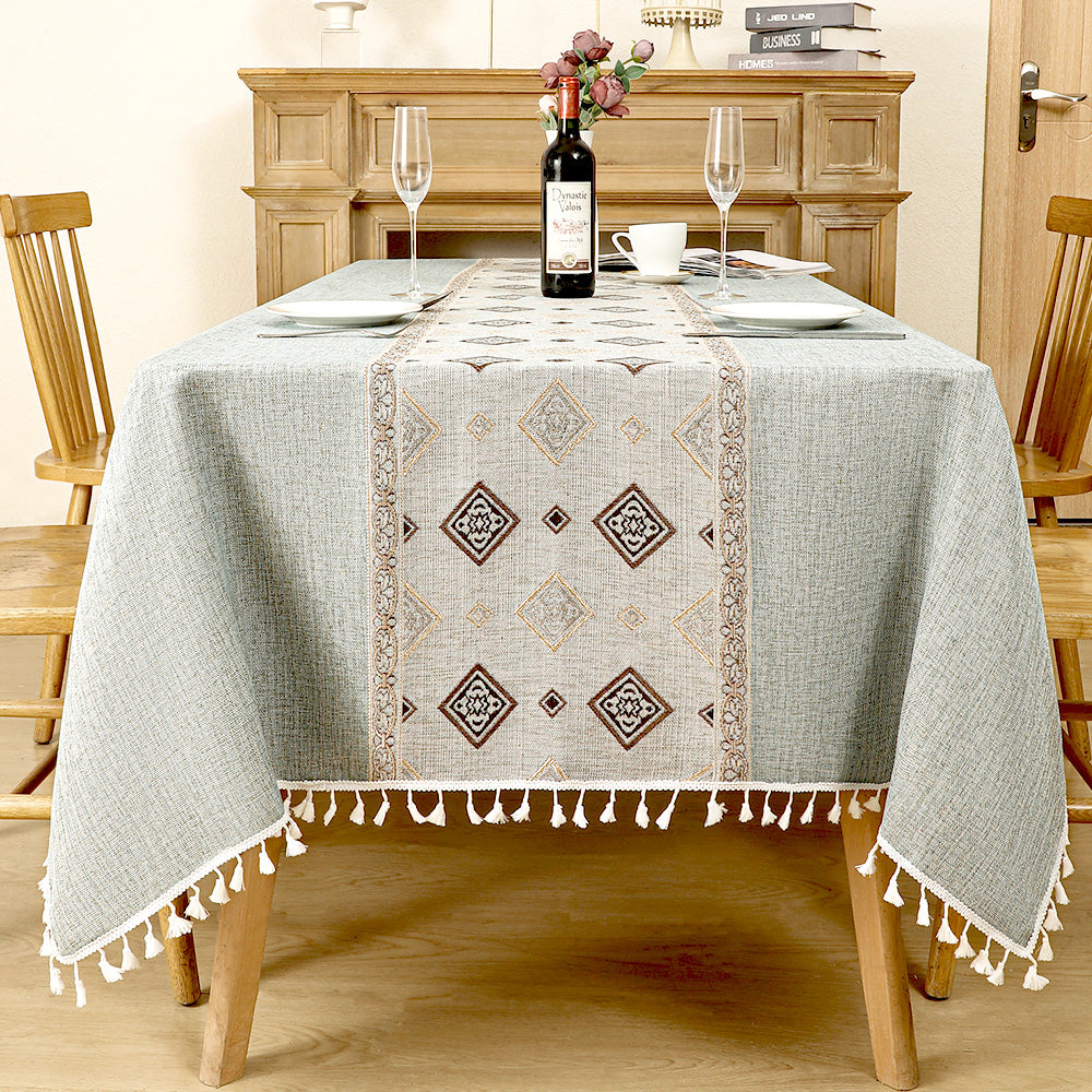 AIMHave Modern Abstract Fluid Line Tablecloth with Tassels, Retro Navy Blue Curving Wave Dining Table Cover