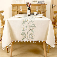 AIMHave French Country Botanical Embroidered Tablecloth with Tassels, Heavyweight Sage Green Vine Linen Look Dining Table Cover