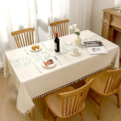 AIMHave French Country Botanical Embroidered Tablecloth with Tassels, Heavyweight Sage Green Vine Linen Look Dining Table Cover