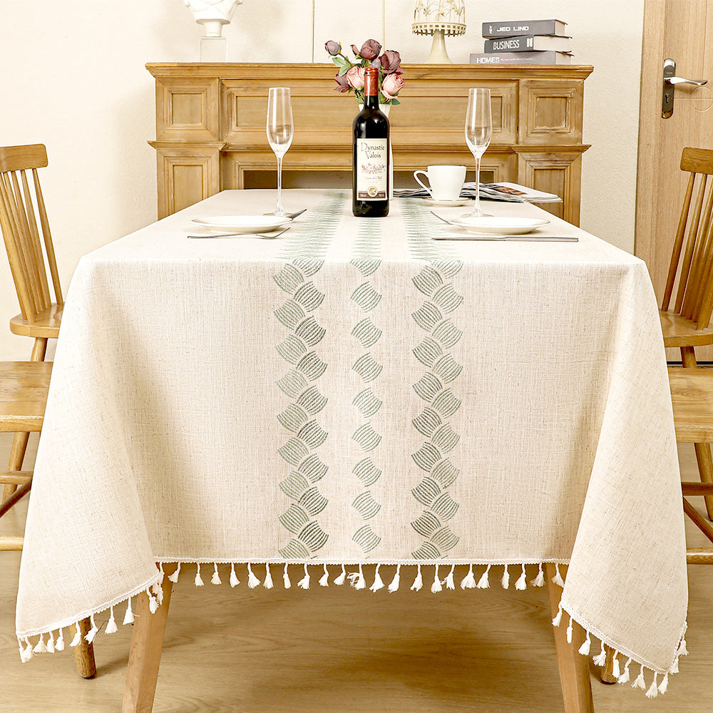 AIMHave Modern Japandi Scalloped Wave Tablecloth with Tassels, Heavyweight Sage Green Geometric Linen Look Dining Table Cover