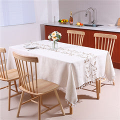 AIMHave French Country Botanical Embroidered Tablecloth with Tassels, Heavyweight Sage Green Vine Linen Look Dining Table Cover