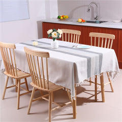 Aimhave Modern Geometric Block Linen Look Tablecloth with Tassels, Blue Patchwork Boho Dining Table Cover
