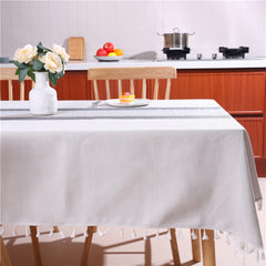 Aimhave Modern Geometric Block Linen Look Tablecloth with Tassels, Blue Patchwork Boho Dining Table Cover
