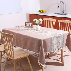 AIMHave Mid-Century Modern Geometric Block Tablecloth with Tassels, Retro Coffee Brown Patchwork Dining Table Cover