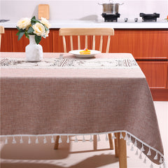 AIMHave Mid-Century Modern Geometric Block Tablecloth with Tassels, Retro Coffee Brown Patchwork Dining Table Cover